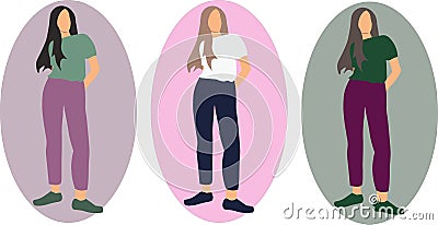 Set of vector images of beautiful proud girls with long hair in t-shirts and jeans.For a website, beauty salon, hair salon, clothi Vector Illustration